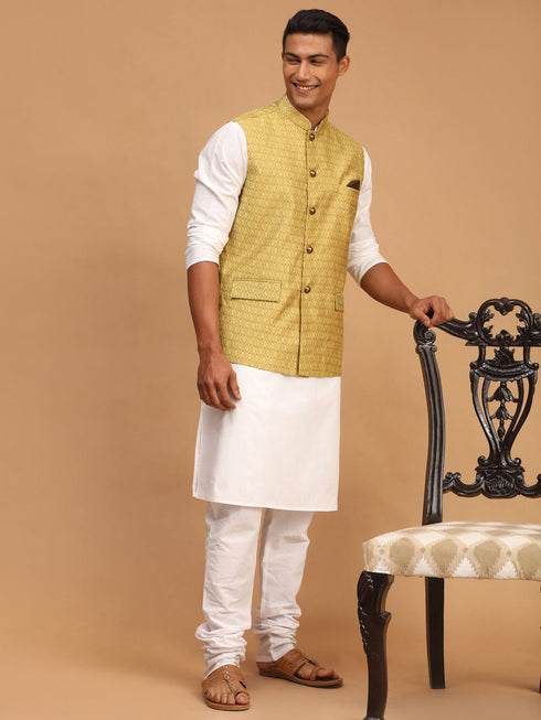 Vastramay Men's Yellow Jacquard Nehru Jacket with Kurta Pyjama Set
